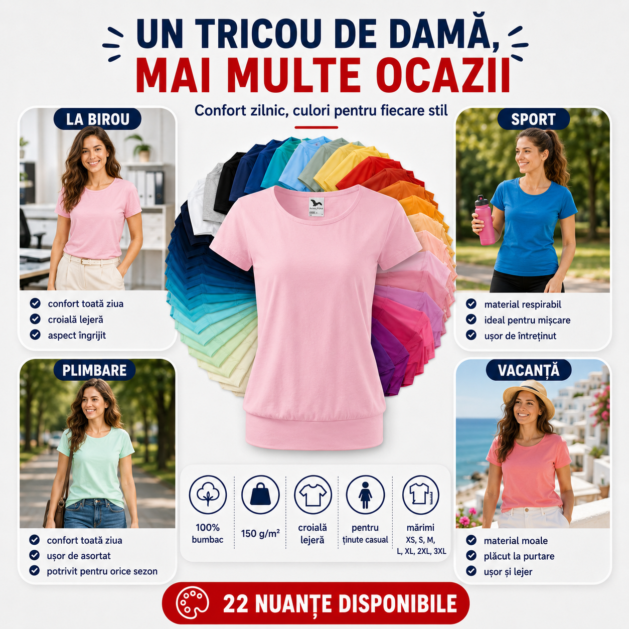 Detalii tricou damă 100% bumbac cu bandă jos finisaj cu silicon și spălare la 40 grade